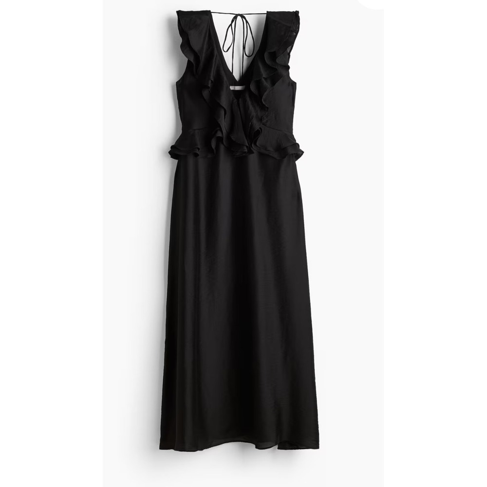 H&M Flounce Trimmed  Midi Dress Black‎ Size Large NWT